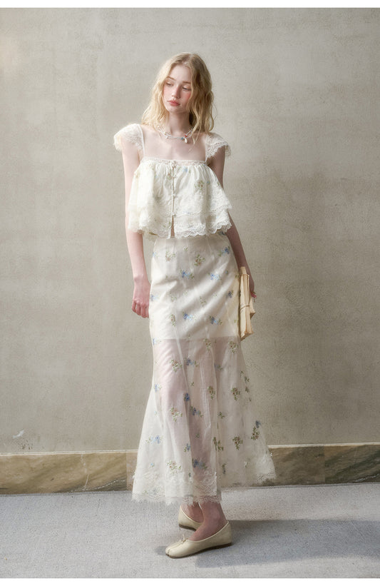 Floral Embroidered Top & Sheer Skirt With Lace Details