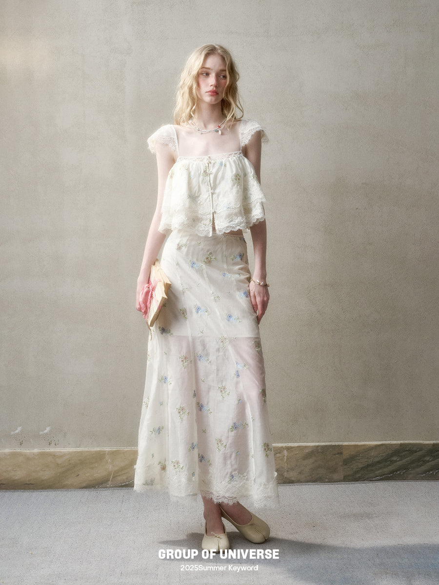 Floral Embroidered Top & Sheer Skirt With Lace Details
