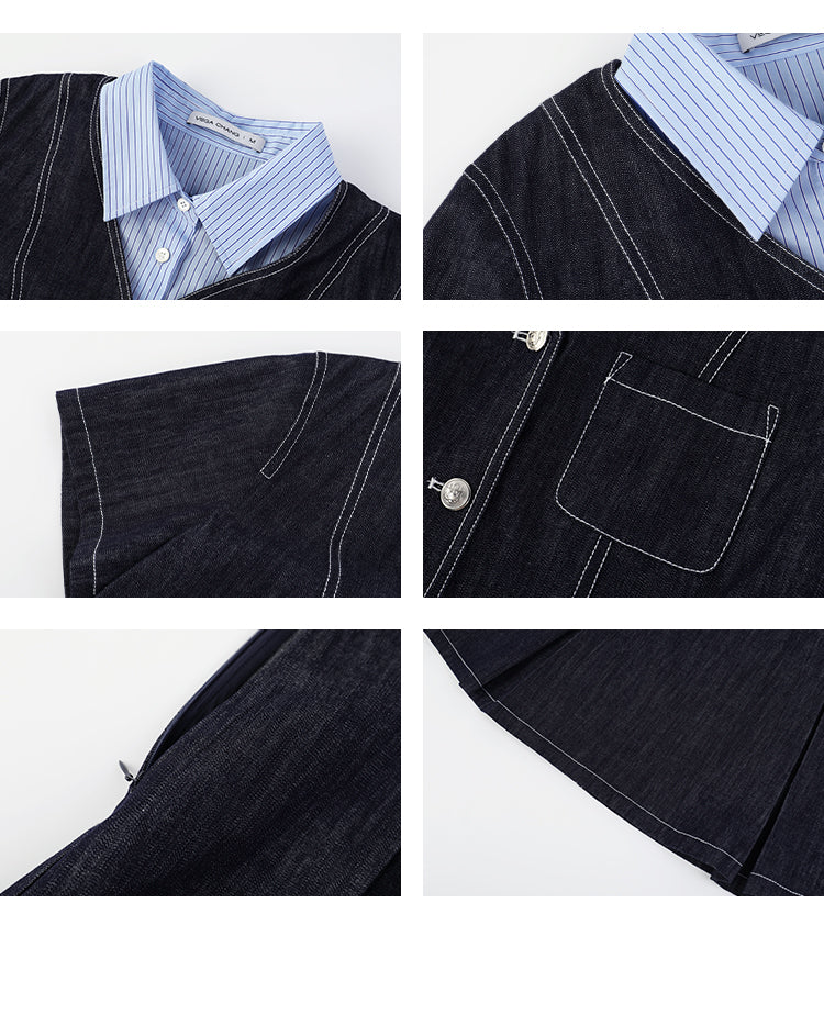 Layered-Look Striped Shirt Denim Dress