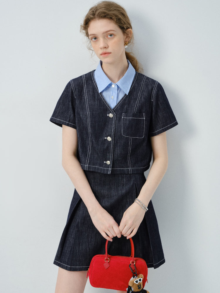 Layered-Look Striped Shirt Denim Dress