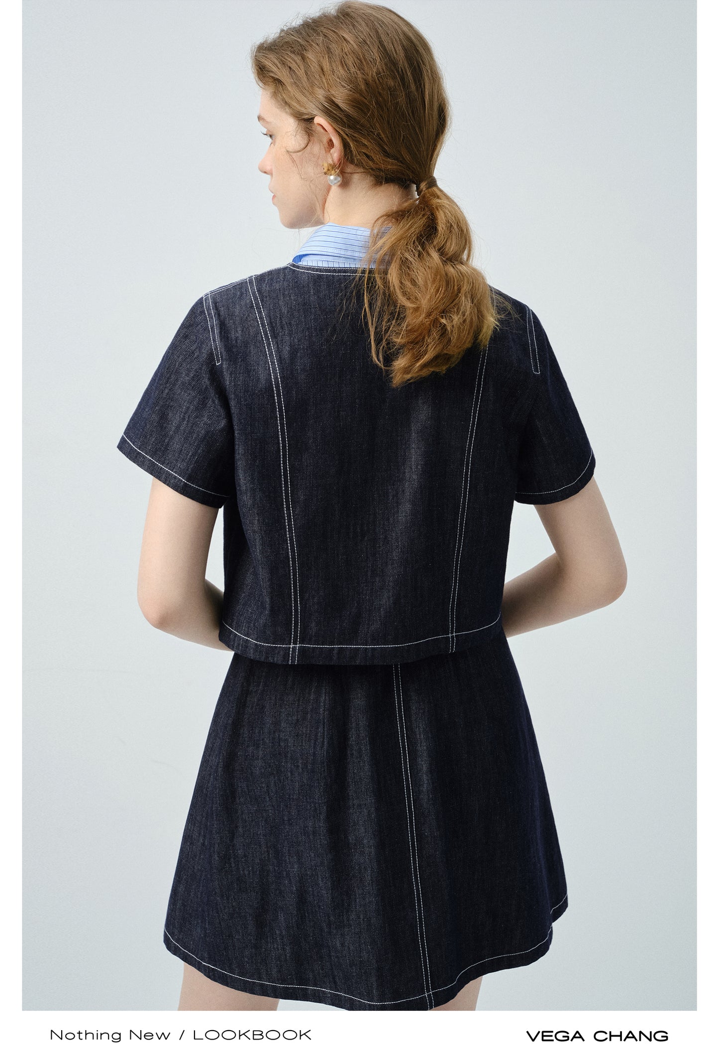 Layered-Look Striped Shirt Denim Dress