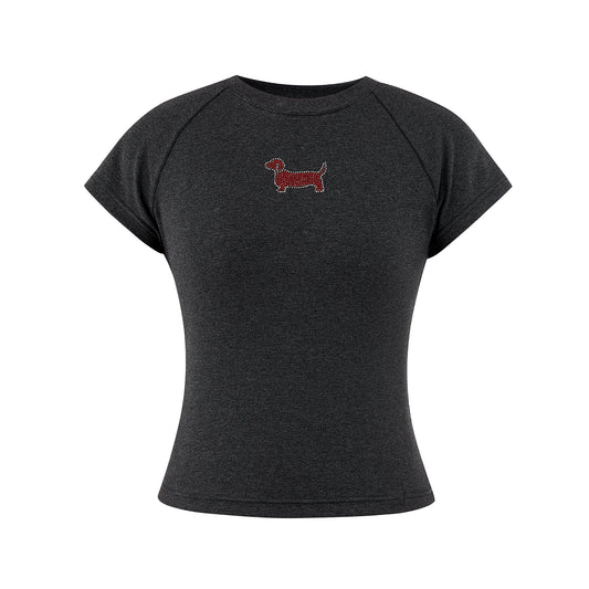 Raglan Cropped T-Shirt With Rhinestone Dog Detail