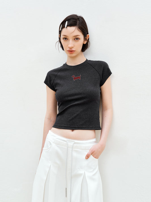 Raglan Cropped T-Shirt With Rhinestone Dog Detail