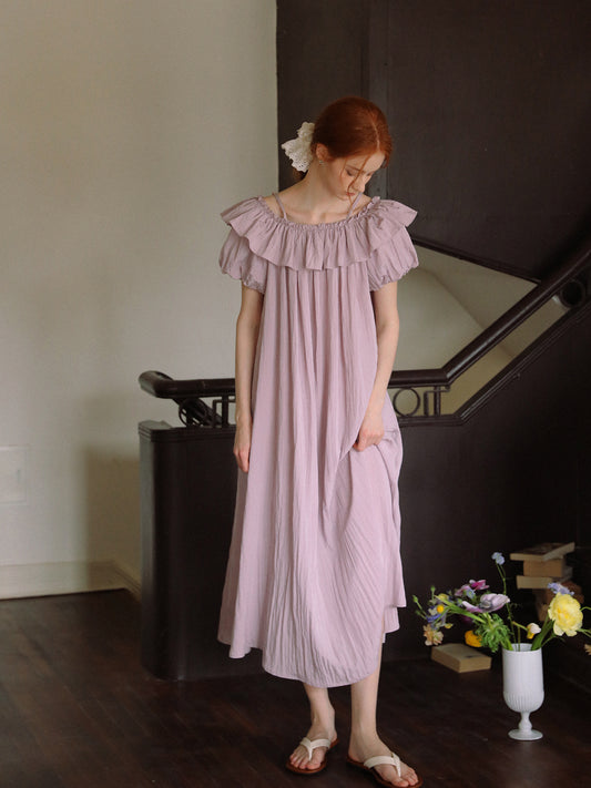 Bubble-Sleeve Crinkled Dress With Back Tie