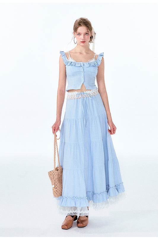 Faux-Layered Top And Maxi Skirt With Lace Detail