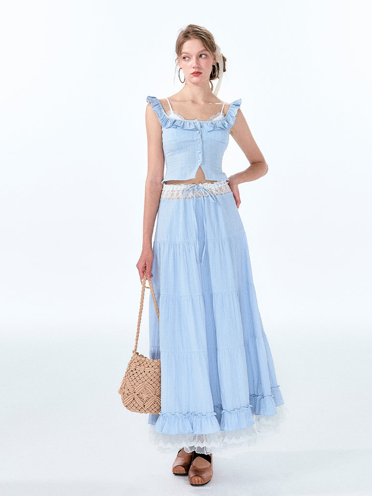 Faux-Layered Top And Maxi Skirt With Lace Detail