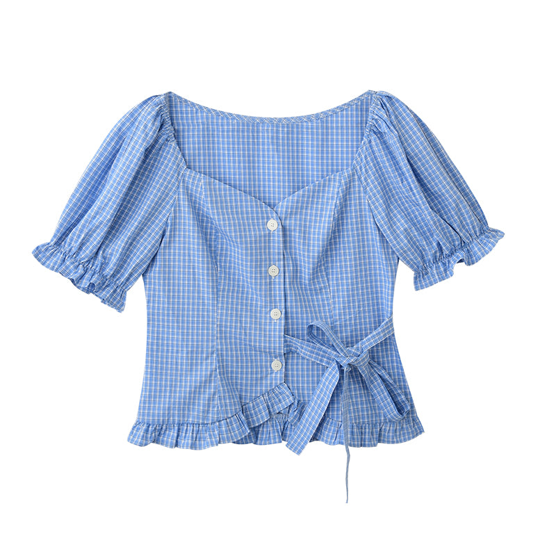 Frilled-Edge Plaid Blouse With Side Ribbon Tie