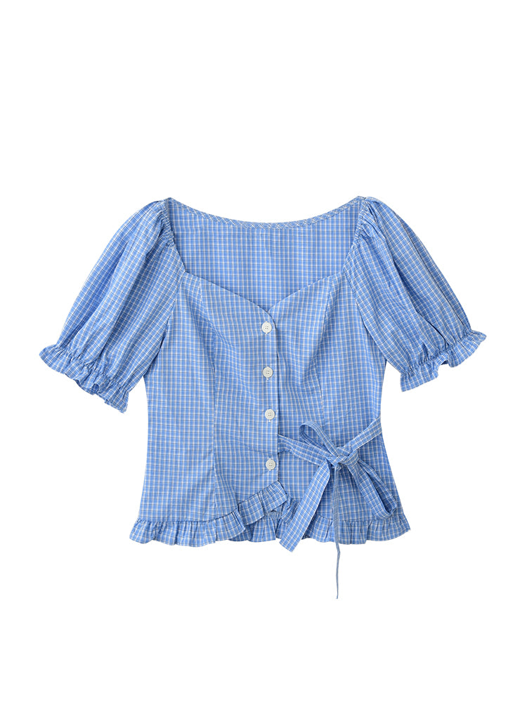 Frilled-Edge Plaid Blouse With Side Ribbon Tie