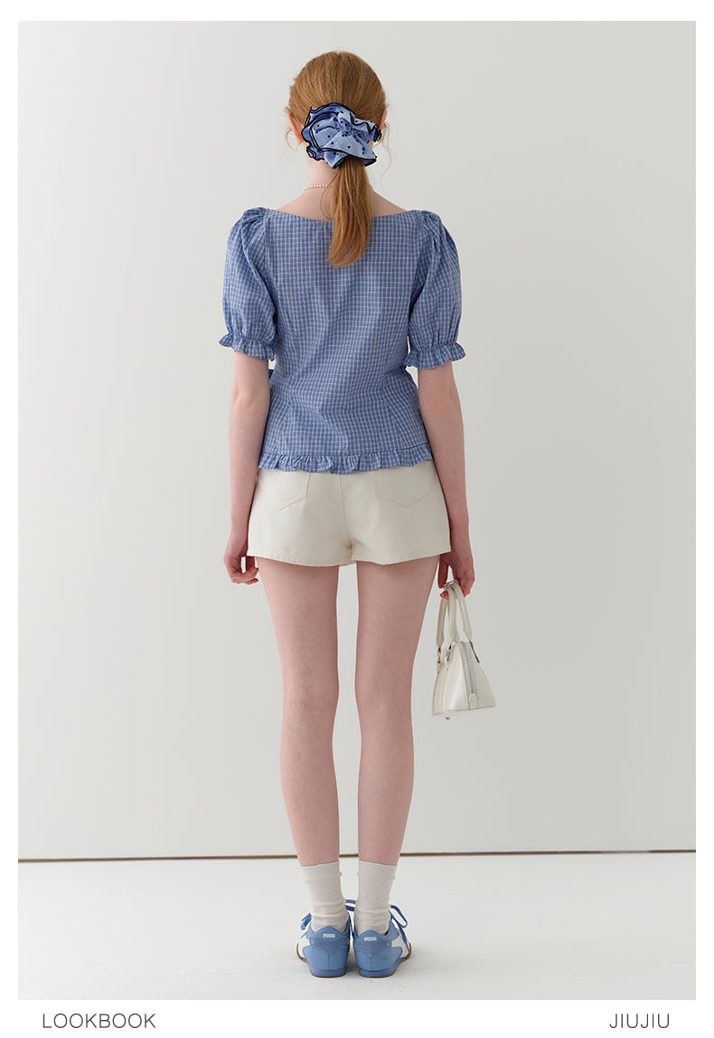 Frilled-Edge Plaid Blouse With Side Ribbon Tie