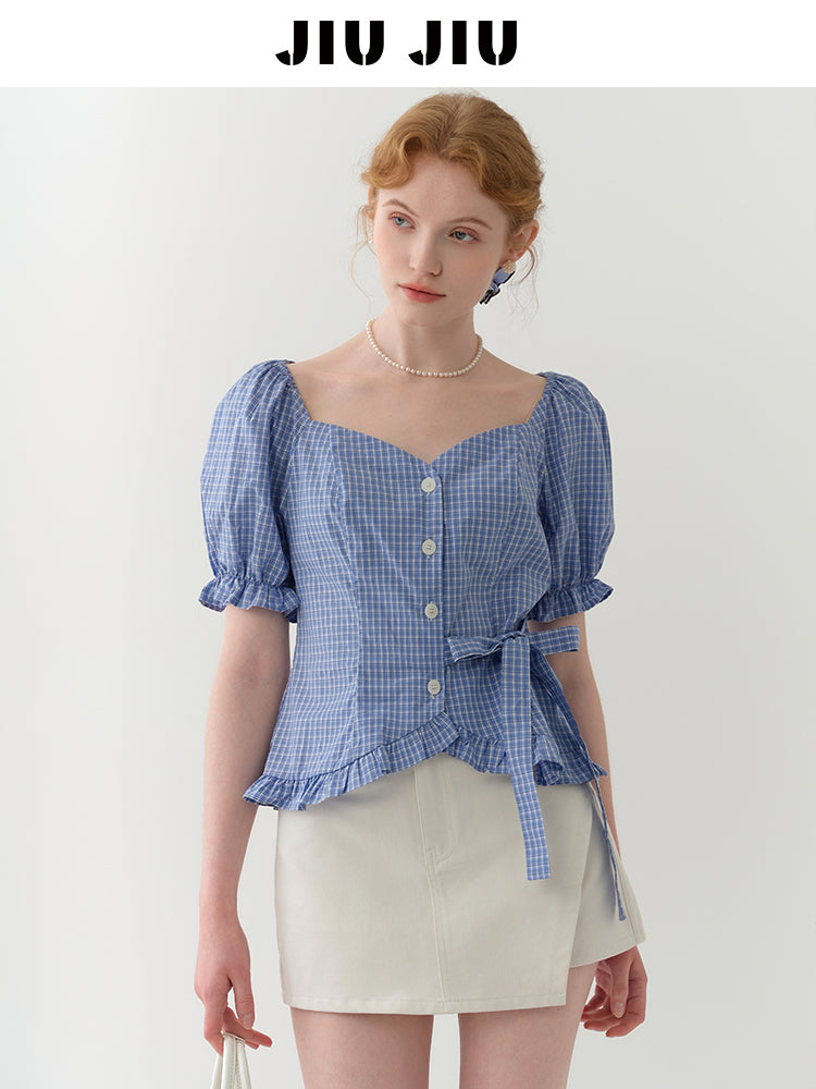 Frilled-Edge Plaid Blouse With Side Ribbon Tie
