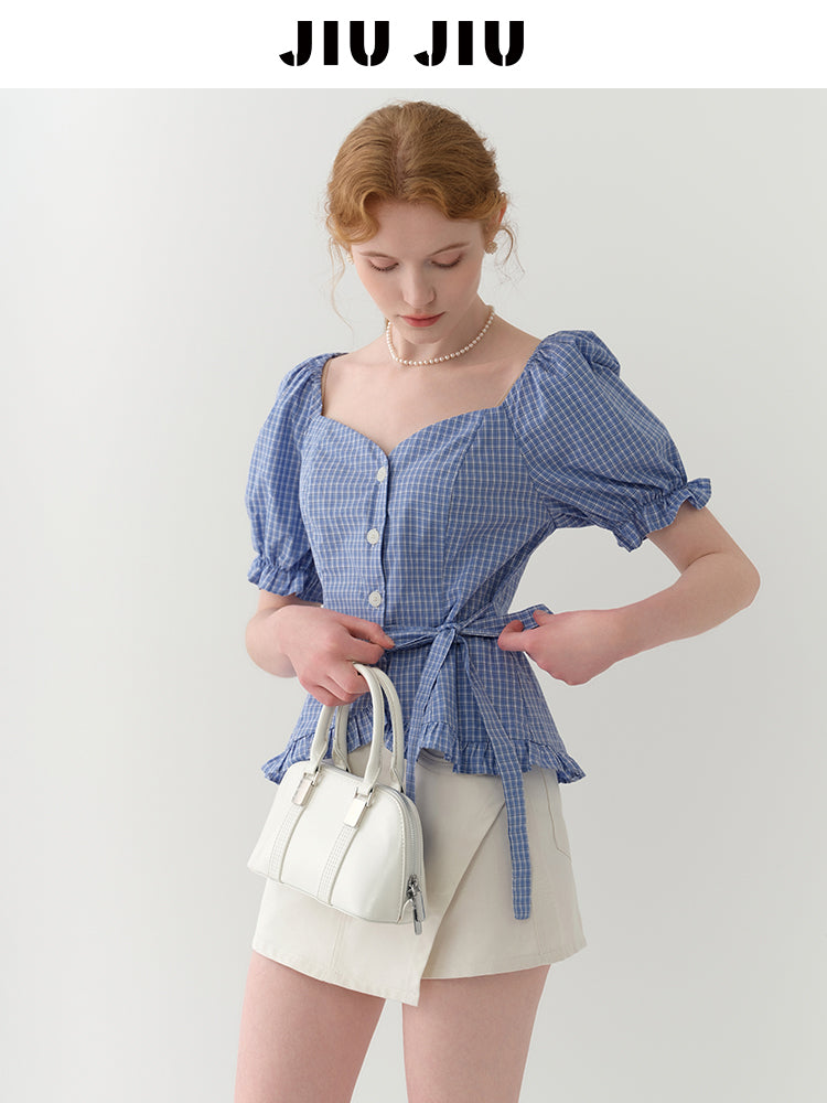 Frilled-Edge Plaid Blouse With Side Ribbon Tie