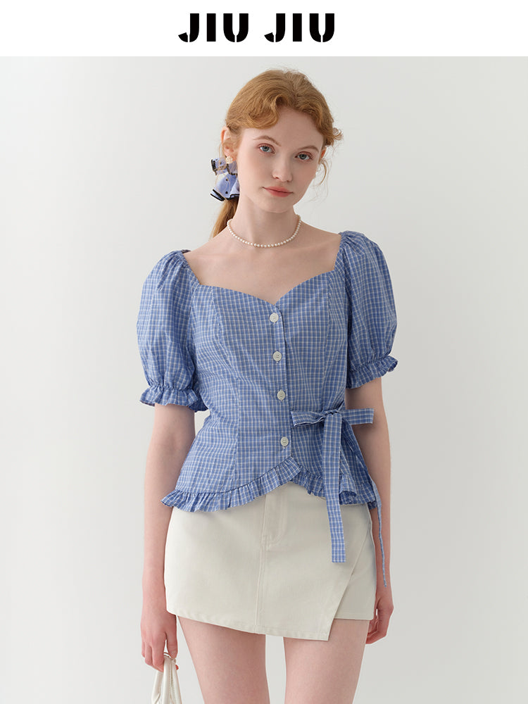 Frilled-Edge Plaid Blouse With Side Ribbon Tie