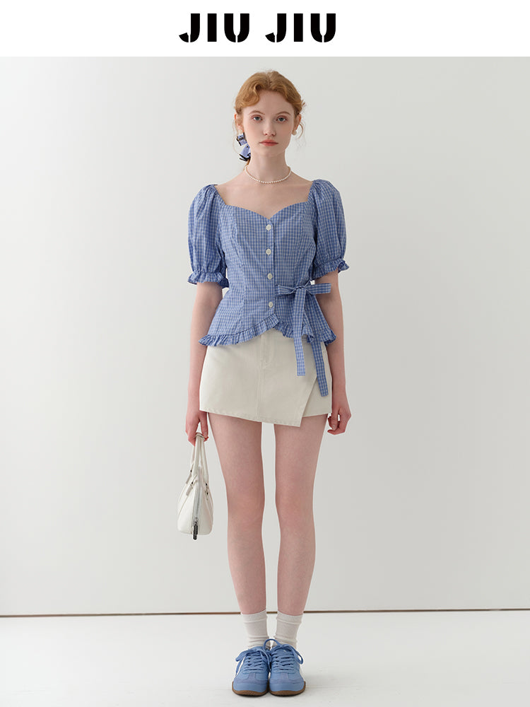 Frilled-Edge Plaid Blouse With Side Ribbon Tie