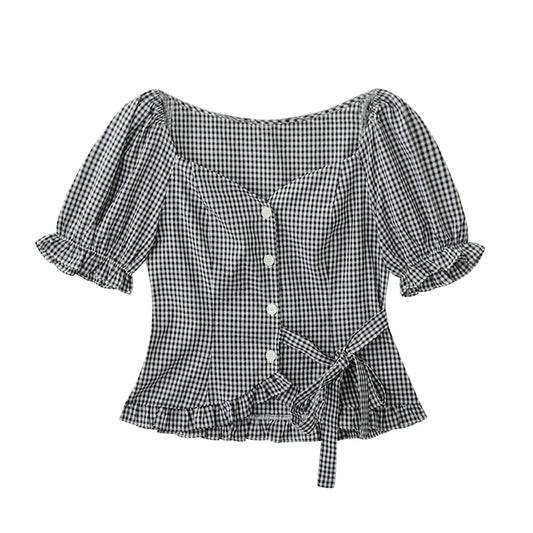 Frilled-Edge Plaid Blouse With Side Ribbon Tie