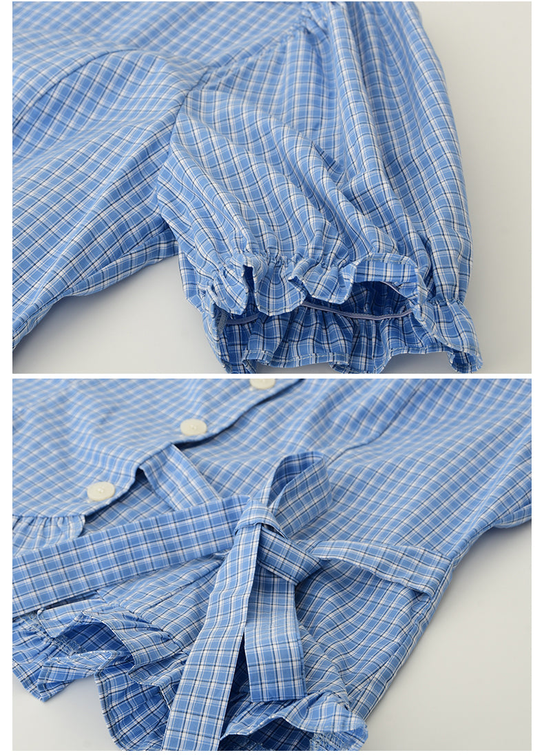 Frilled-Edge Plaid Blouse With Side Ribbon Tie
