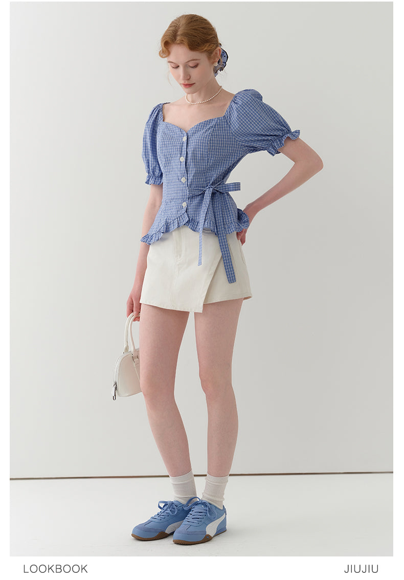 Frilled-Edge Plaid Blouse With Side Ribbon Tie