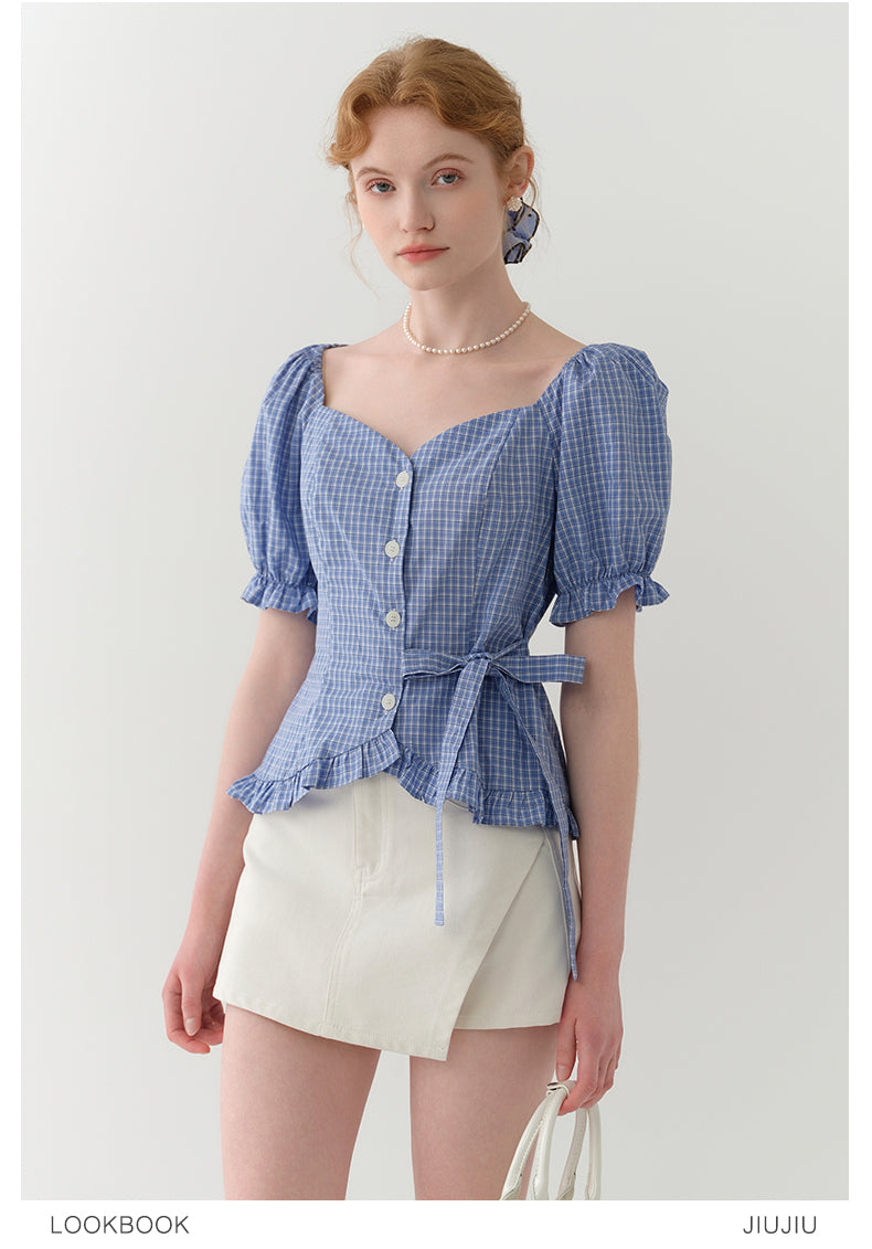 Frilled-Edge Plaid Blouse With Side Ribbon Tie