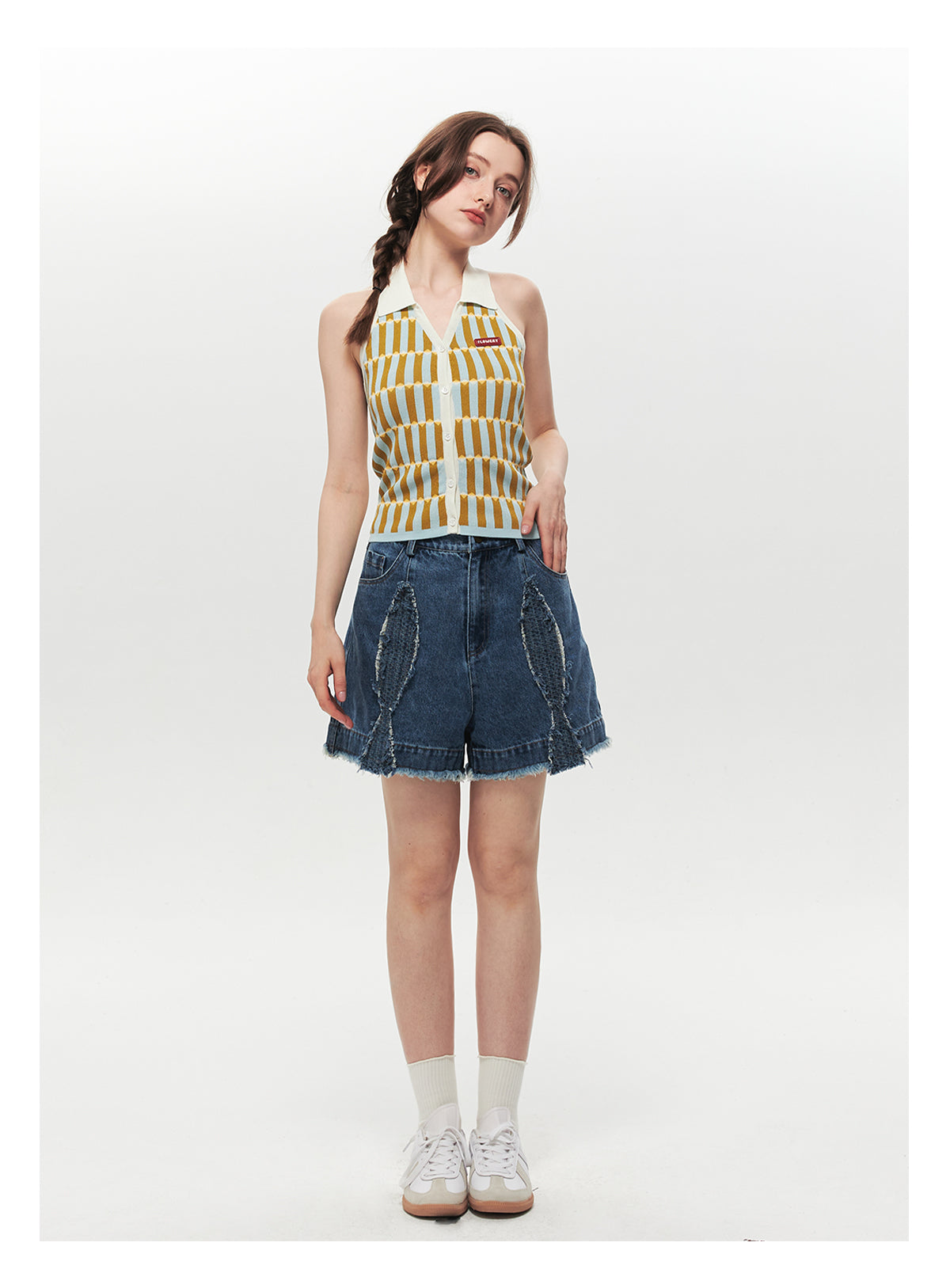 Button-Up Collared Retro Halter Knit Top