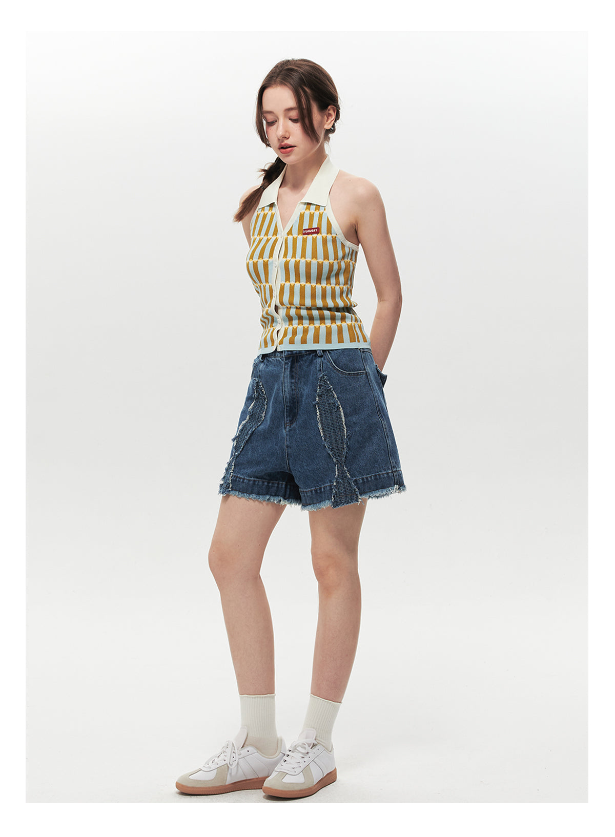 Button-Up Collared Retro Halter Knit Top