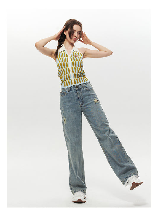 Button-Up Collared Retro Halter Knit Top