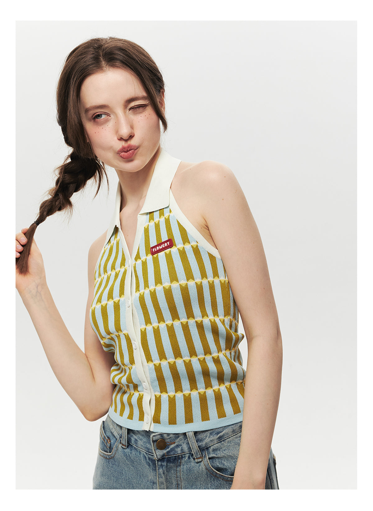 Button-Up Collared Retro Halter Knit Top