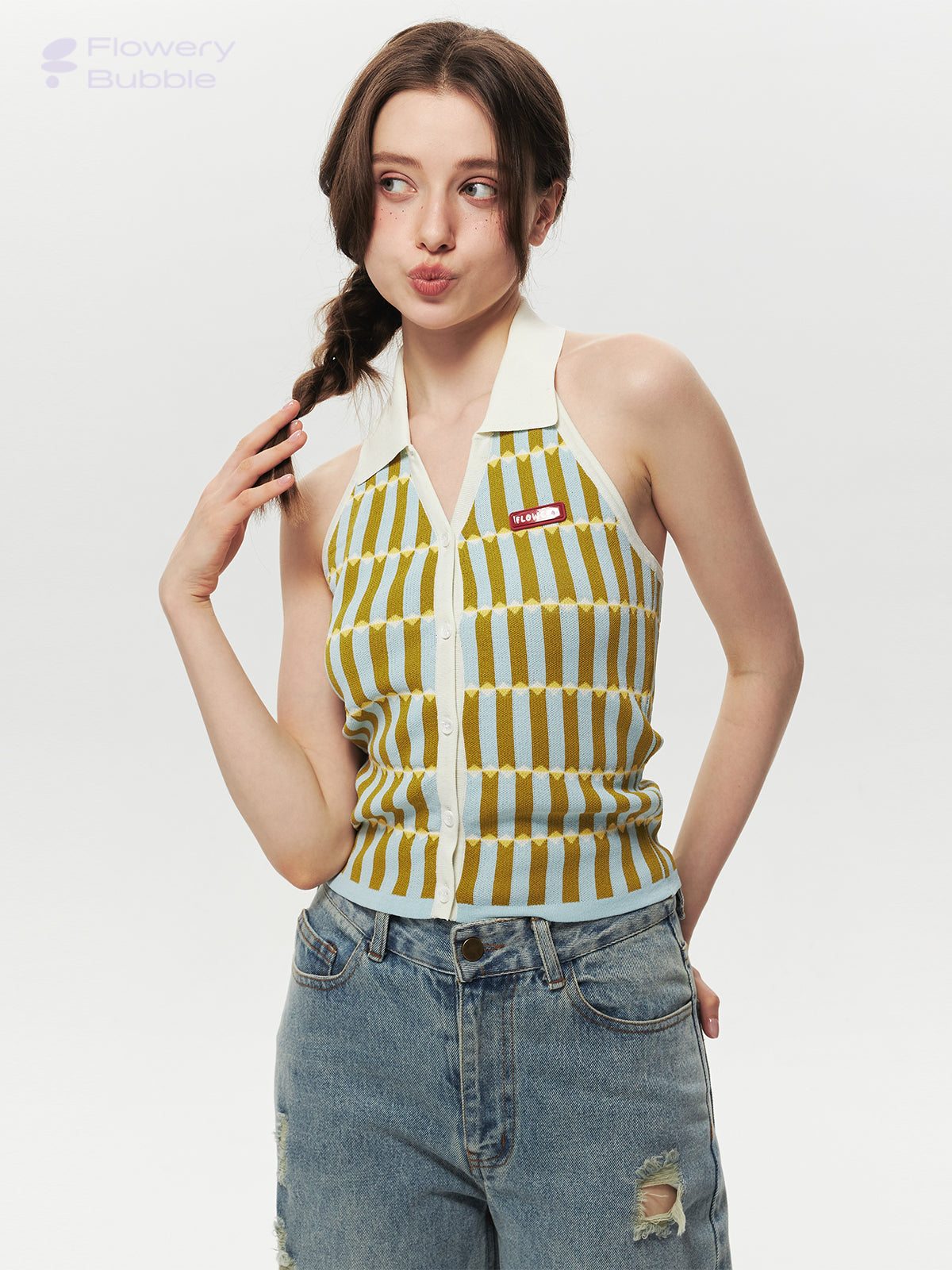 Button-Up Collared Retro Halter Knit Top