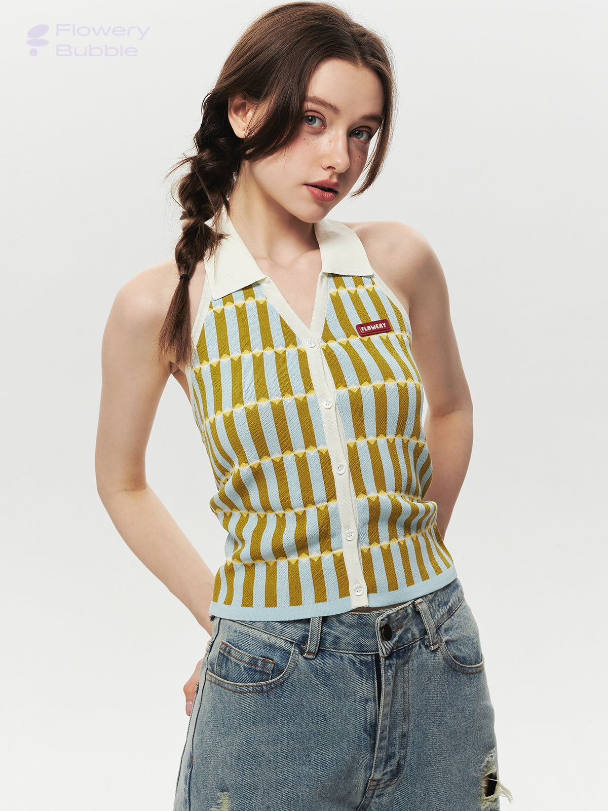 Button-Up Collared Retro Halter Knit Top
