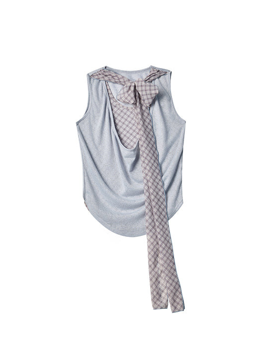 Draped Sleeveless Knit Top With Plaid Tie Neck