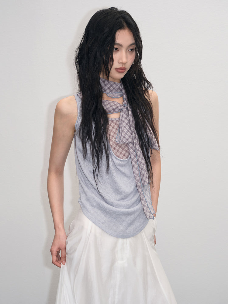 Draped Sleeveless Knit Top With Plaid Tie Neck