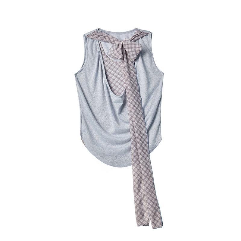 Draped Sleeveless Knit Top With Plaid Tie Neck