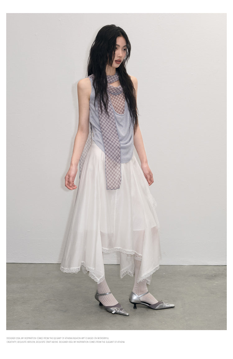 Draped Sleeveless Knit Top With Plaid Tie Neck
