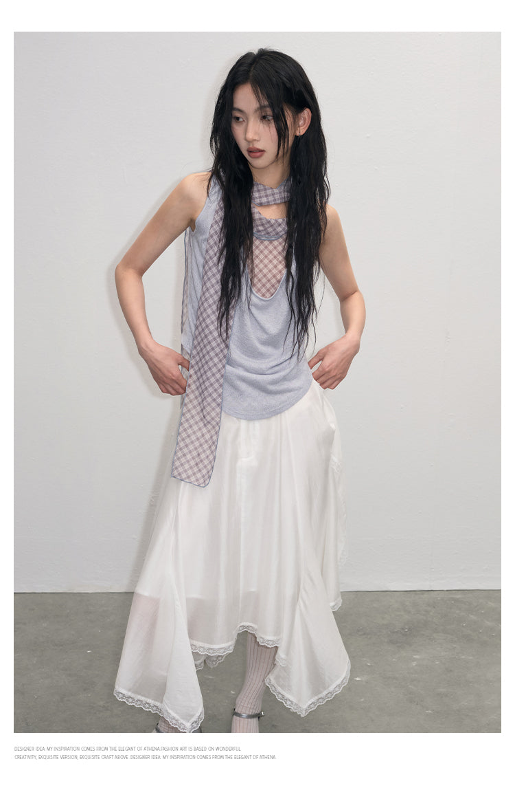 Draped Sleeveless Knit Top With Plaid Tie Neck