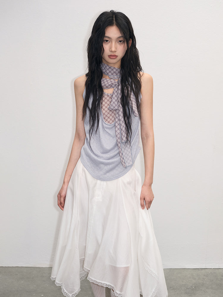 Draped Sleeveless Knit Top With Plaid Tie Neck