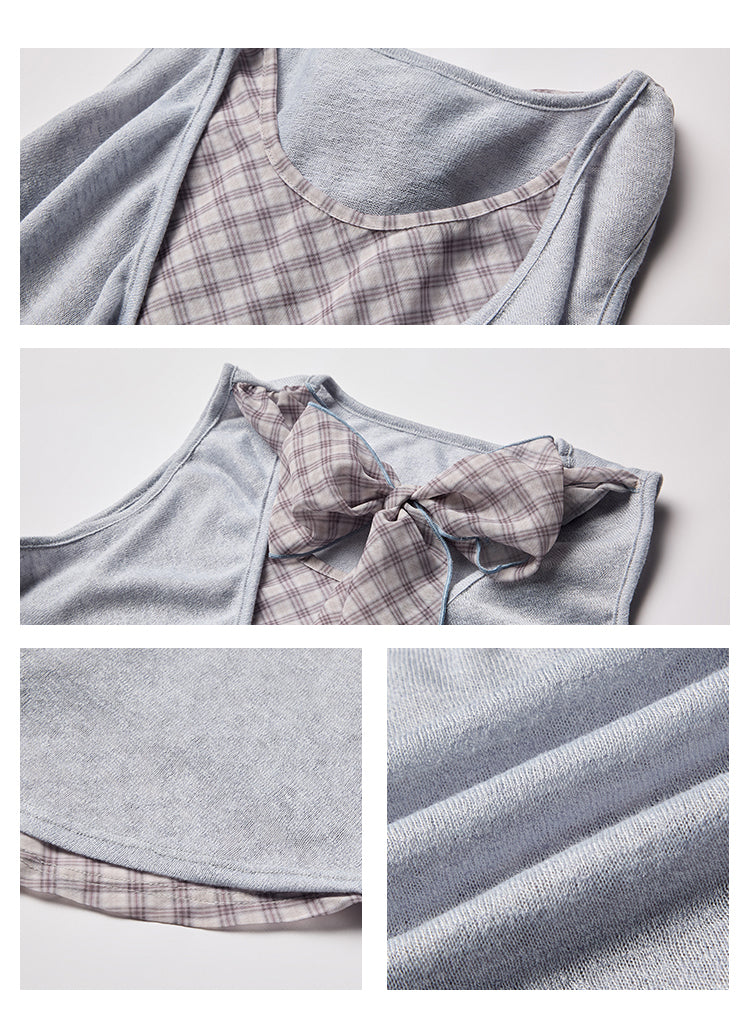 Draped Sleeveless Knit Top With Plaid Tie Neck