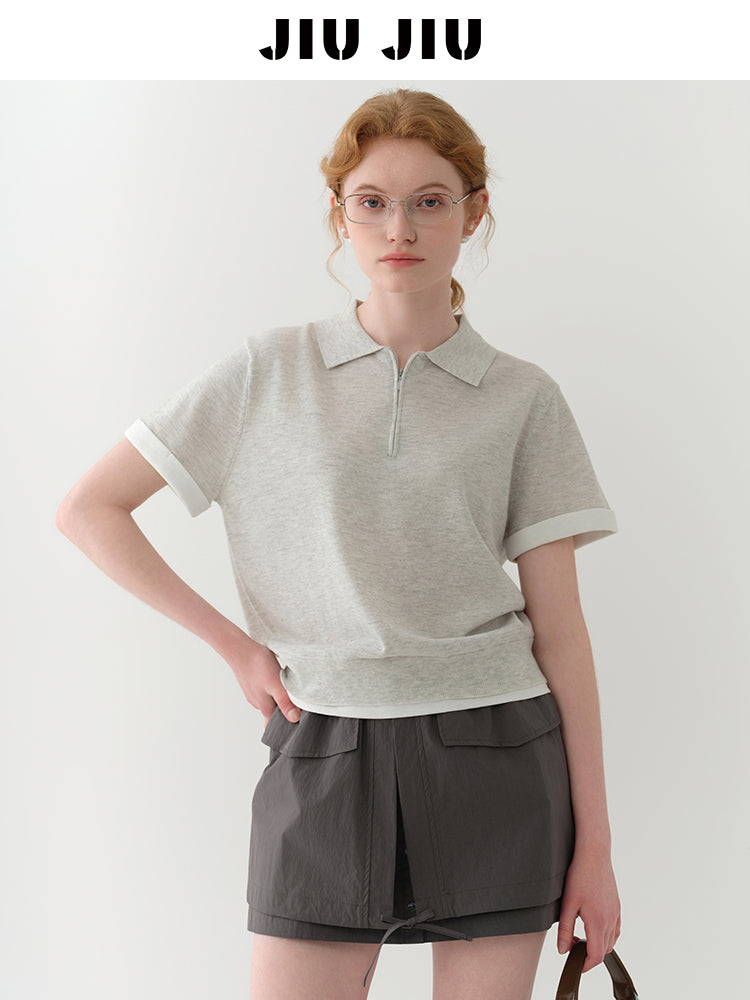 Cotton Blend Half-Zip Polo Collar Knit Top