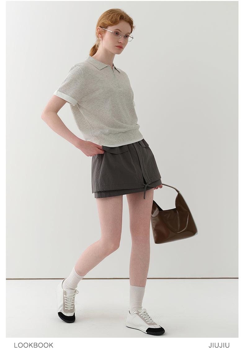 Cotton Blend Half-Zip Polo Collar Knit Top