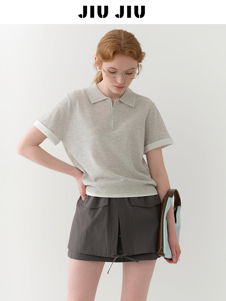 Cotton Blend Half-Zip Polo Collar Knit Top