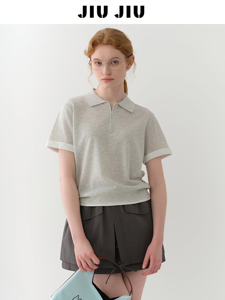 Cotton Blend Half-Zip Polo Collar Knit Top