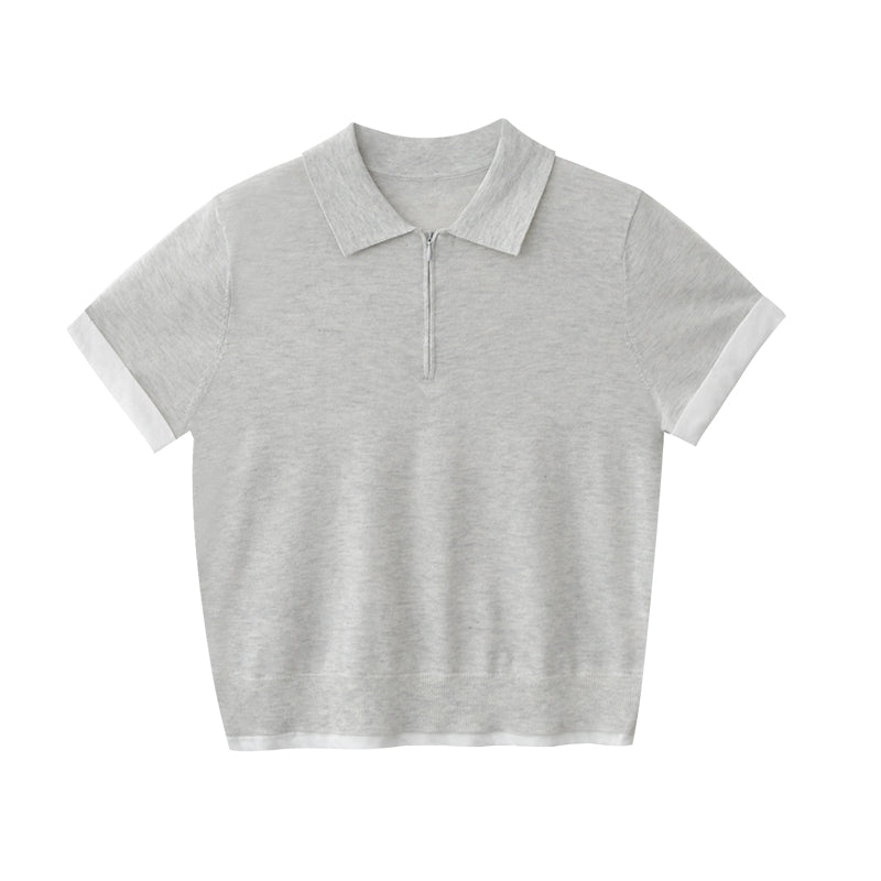 Cotton Blend Half-Zip Polo Collar Knit Top