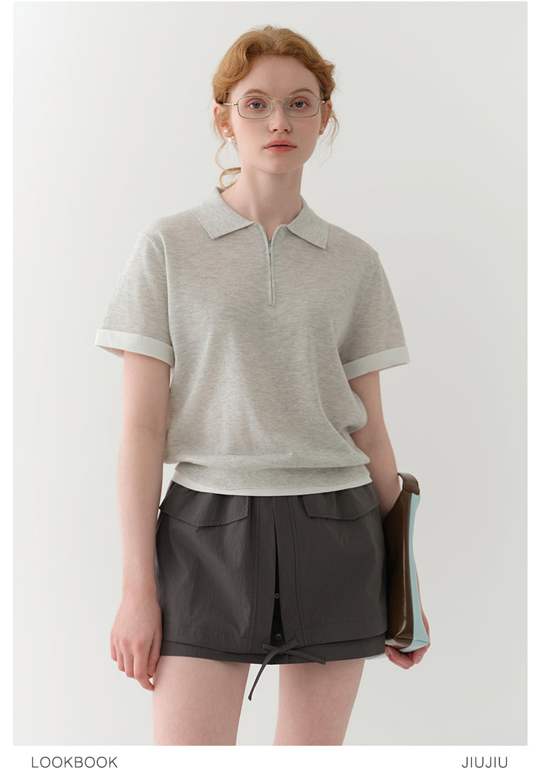 Cotton Blend Half-Zip Polo Collar Knit Top