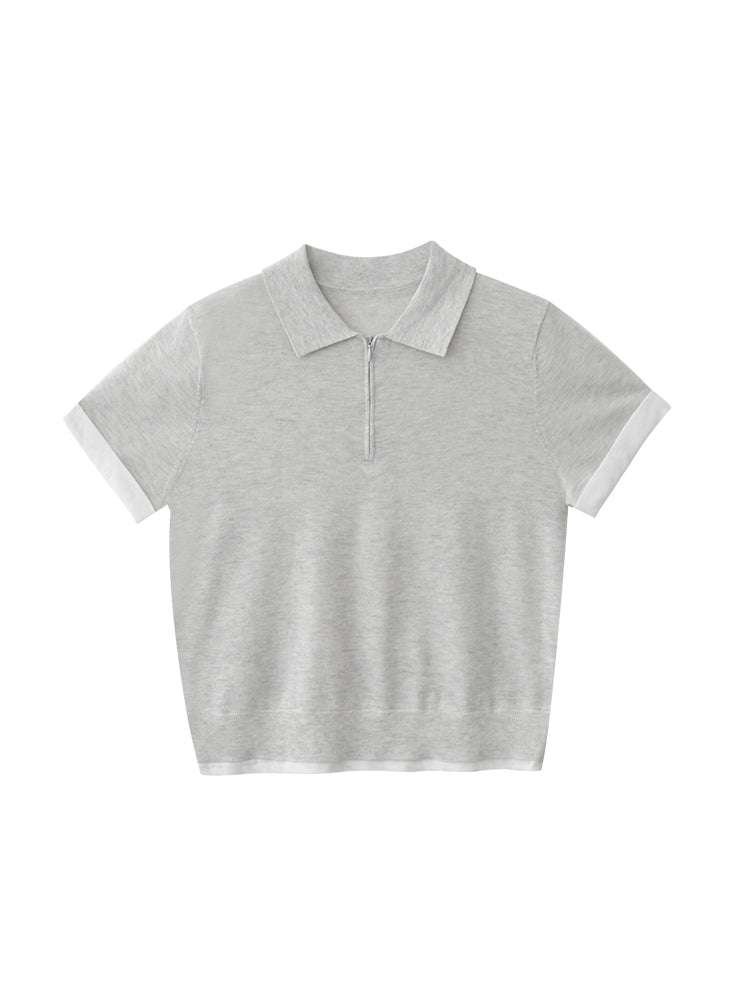 Cotton Blend Half-Zip Polo Collar Knit Top