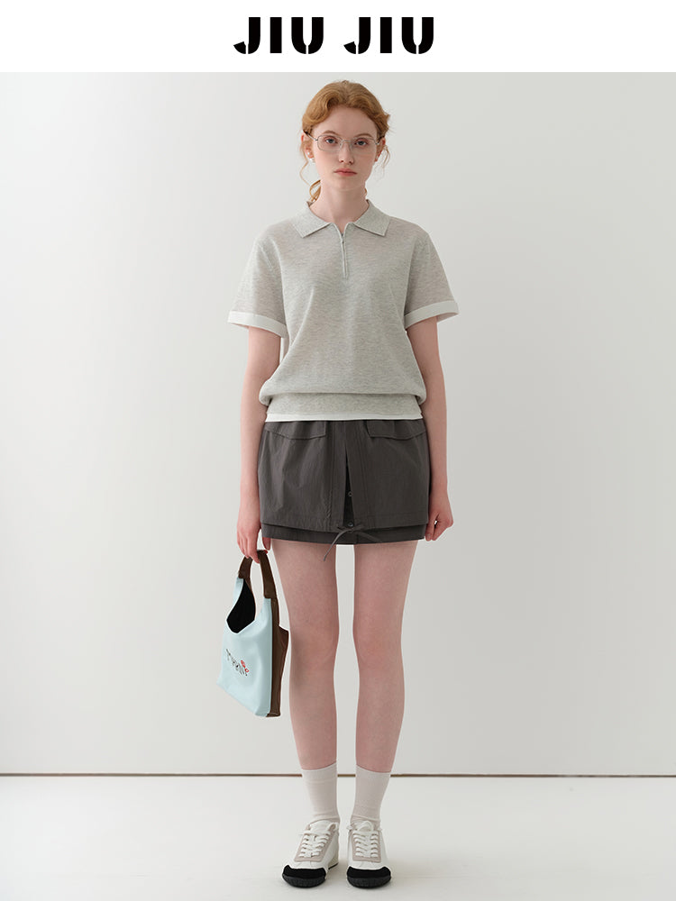 Cotton Blend Half-Zip Polo Collar Knit Top