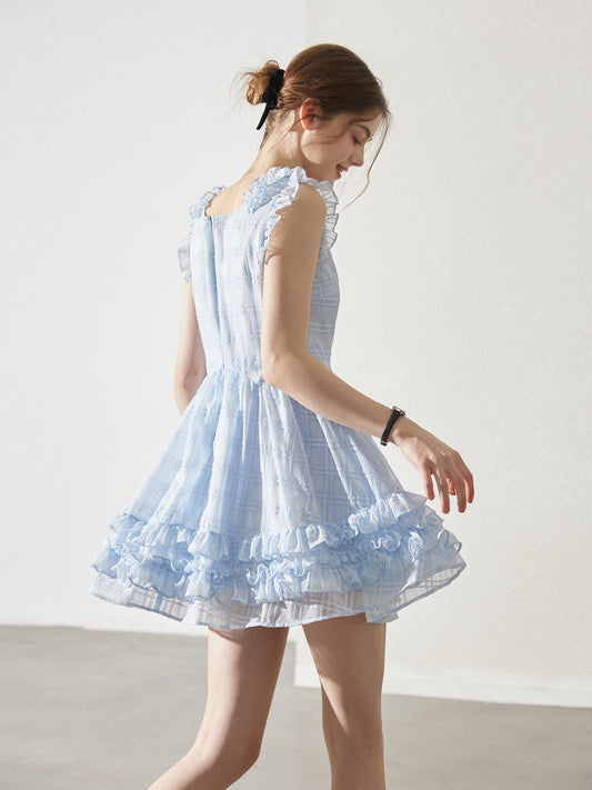 Sleeveless Sheer Grid Mini Dress With Ruffle Trims