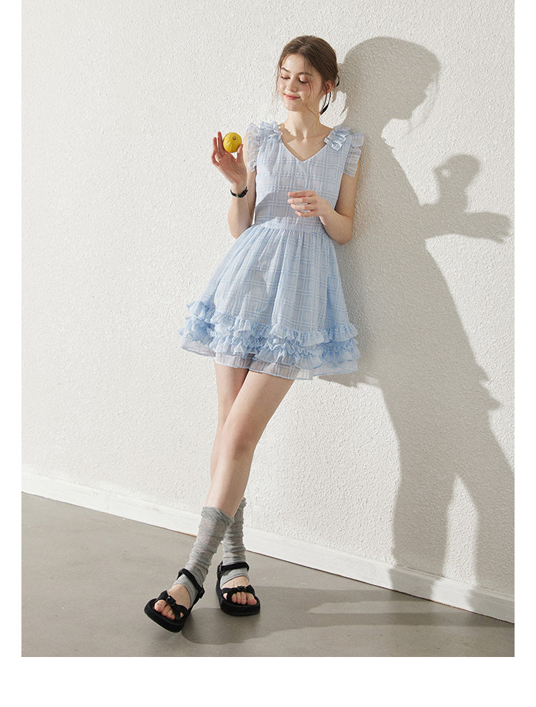 Sleeveless Sheer Grid Mini Dress With Ruffle Trims