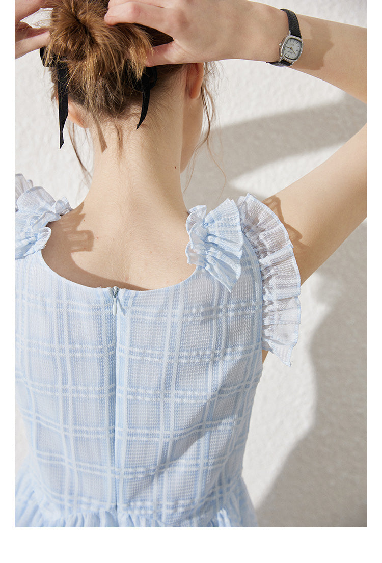 Sleeveless Sheer Grid Mini Dress With Ruffle Trims