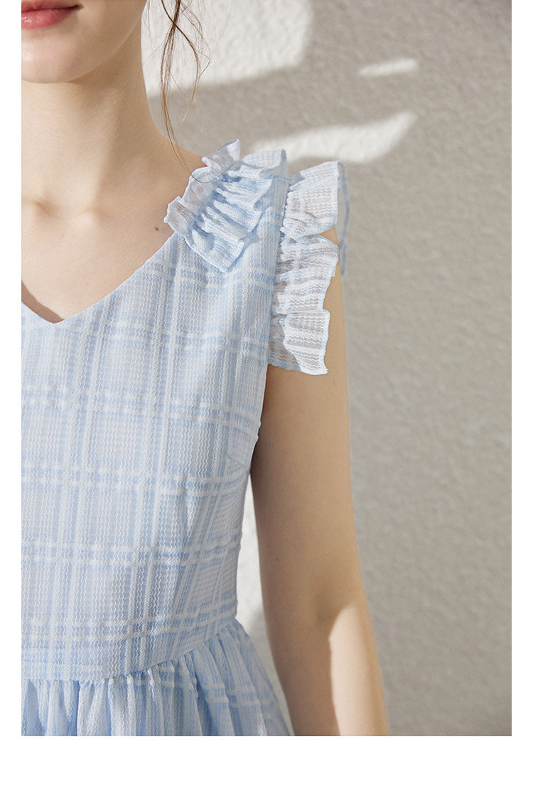 Sleeveless Sheer Grid Mini Dress With Ruffle Trims