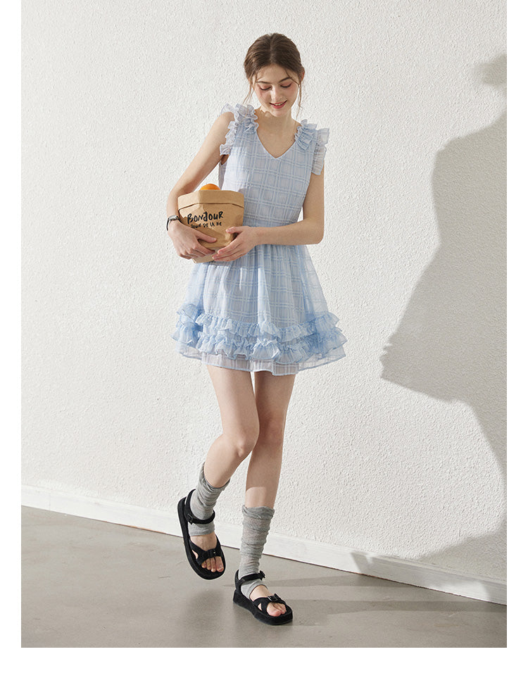 Sleeveless Sheer Grid Mini Dress With Ruffle Trims