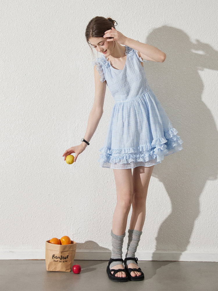 Sleeveless Sheer Grid Mini Dress With Ruffle Trims