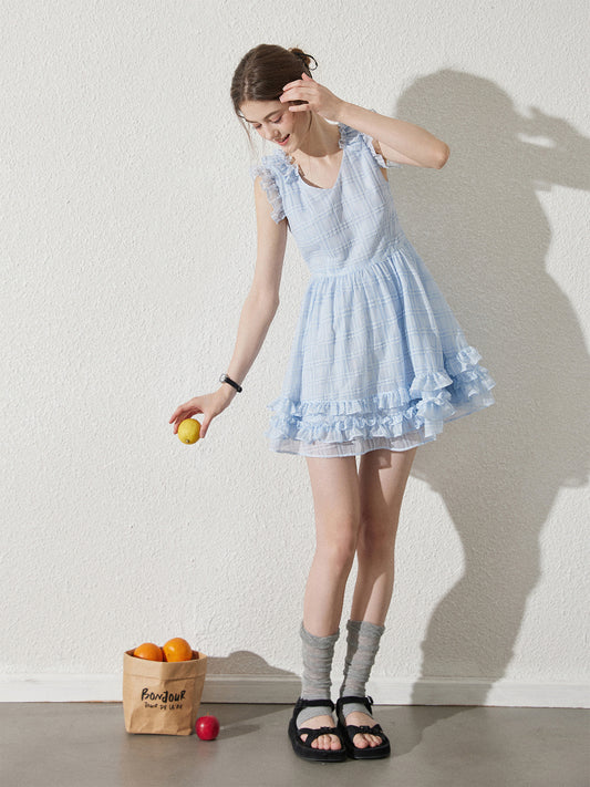 Sleeveless Sheer Grid Mini Dress With Ruffle Trims