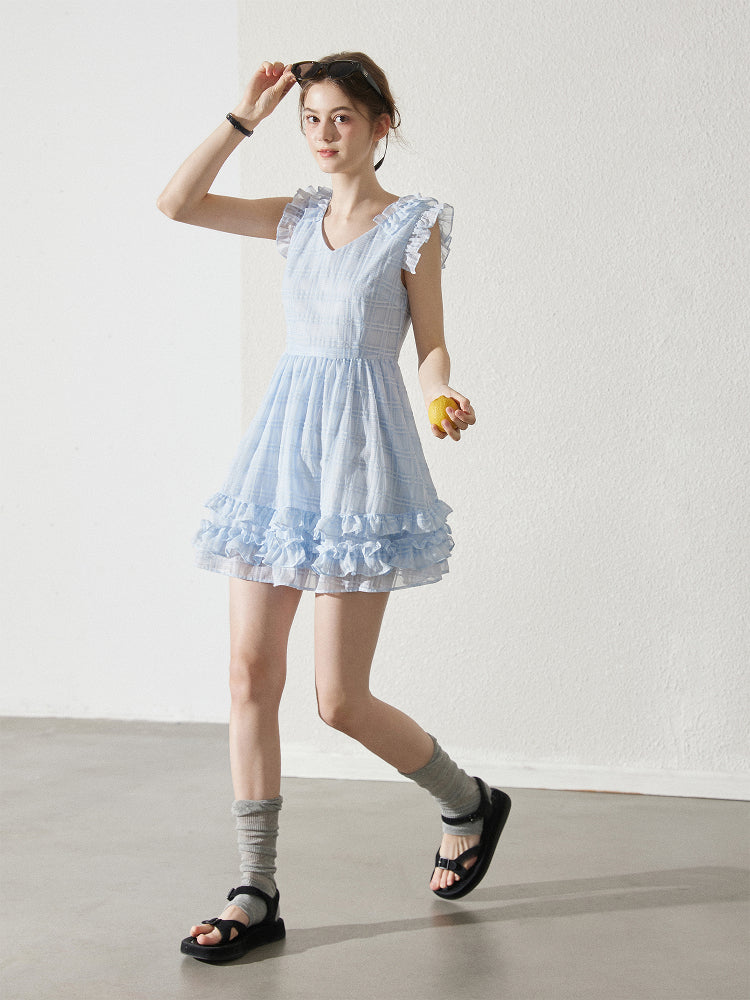 Sleeveless Sheer Grid Mini Dress With Ruffle Trims